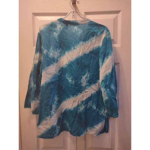 Art and Soul - Boho Tunic Large 3/4 Sleeve Tie-Die Turquoise/White Smocked Front - Picture 2 of 8